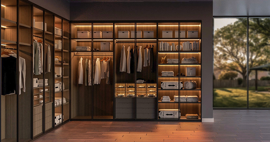 A large modern walk-in wardrobe with warm LED lighting, featuring neatly arranged clothes, shelves, and drawers behind glass panels.