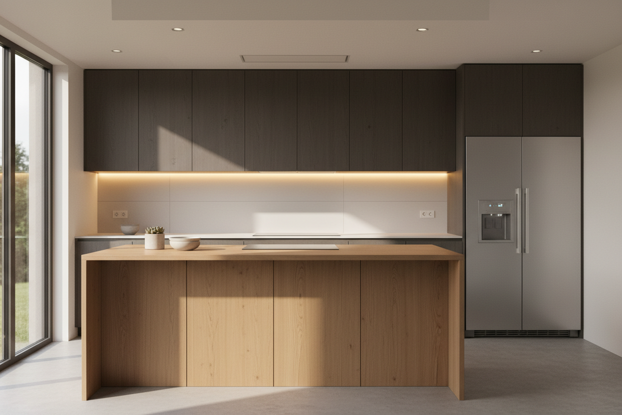 modern kitchen with under cabinet LED lighting illuminating wooden cabinets and countertop